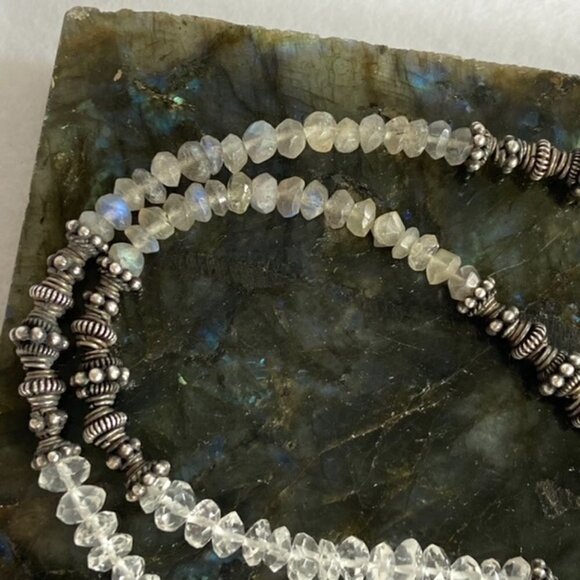 Sterling Silver 925 Labradorite & Quartz Beaded Necklace 17" Hook Closure 21g - Picture 2 of 16